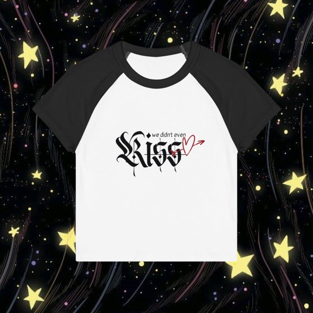 Black and white t-shirt with 'Kiss' design on a starry background,