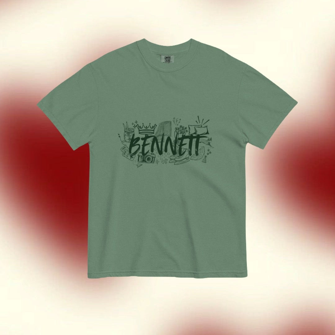 Green t-shirt with text on a blurred red and white background