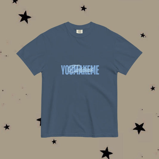 Blue t-shirt with text on a beige background with star patterns