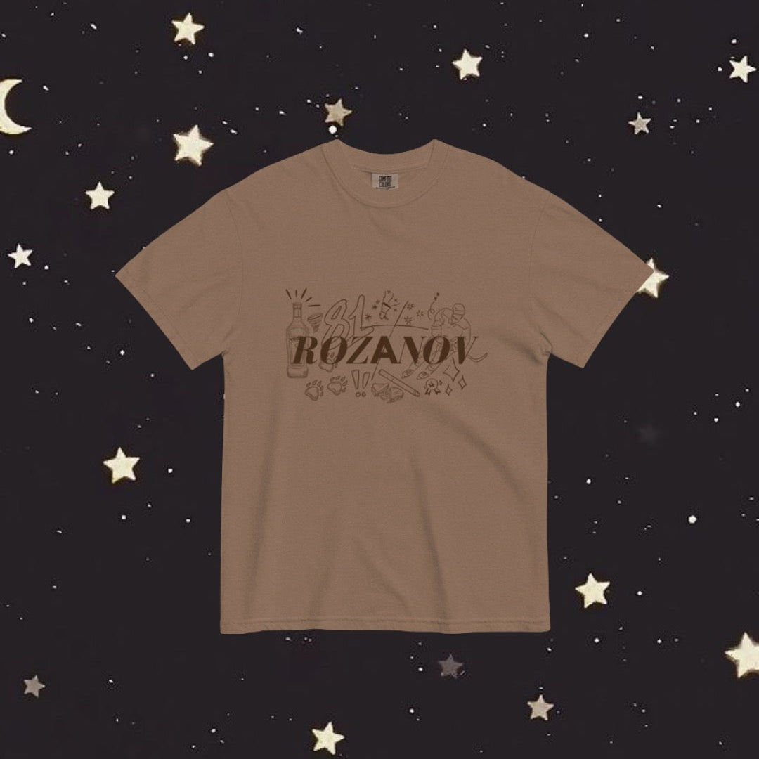 Brown t-shirt with text on a starry night background