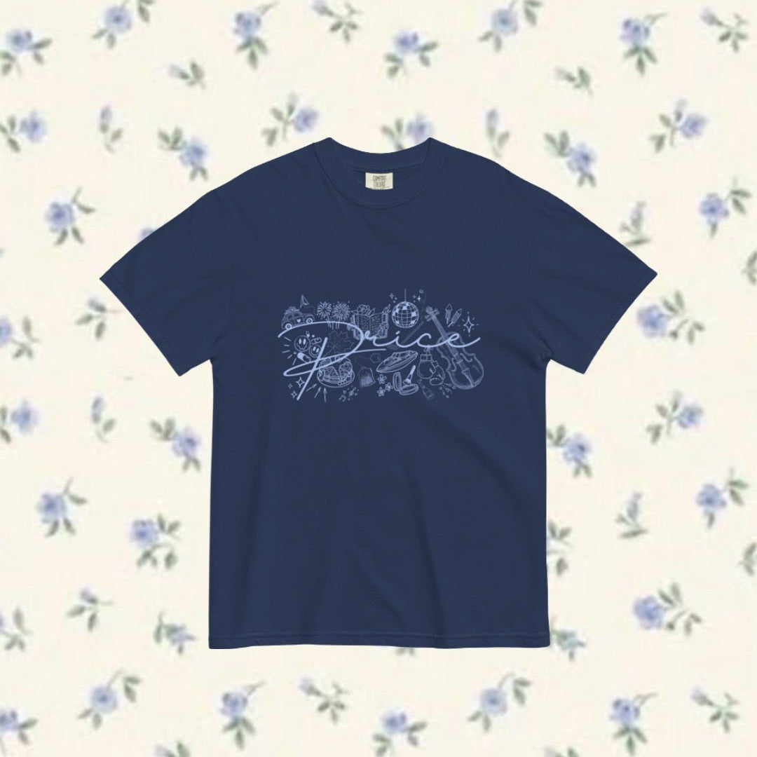 Navy blue t-shirt with white text on a floral patterned background