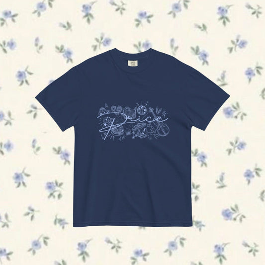 Navy blue t-shirt with white text on a floral patterned background