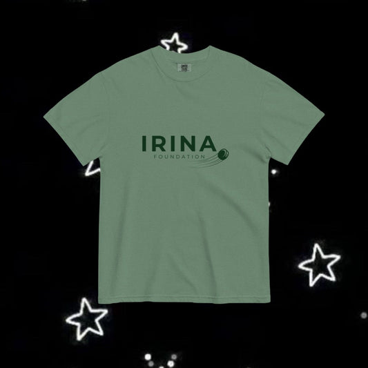 Green t-shirt with 'IRINA' text on a black background with star decorations
